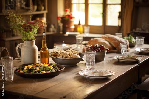 A wooden table is filled with a variety of delicious plates and bowls of food., A rustic farmhouse kitchen table loaded with a homemade feast, AI Generated