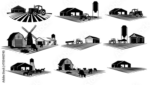 Set of silhouette scenes from farm life with fields, barns and machinery isolated on white background. Rural clipart. photo