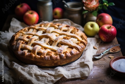 An appetizing pie, with a delightful golden crust and a tantalizing aroma, is placed on a sturdy wooden table., A rustic homemade apple pie on a white linen tabletop, AI Generated