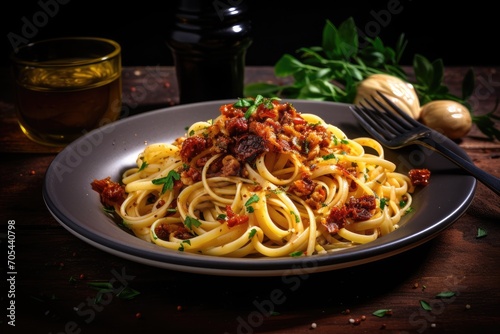 Plate of Pasta With Sauce and Herbs, Traditional Italian Dish on a White Background, A rustic Italian pasta dish with garlic, chili and olive oil, AI Generated