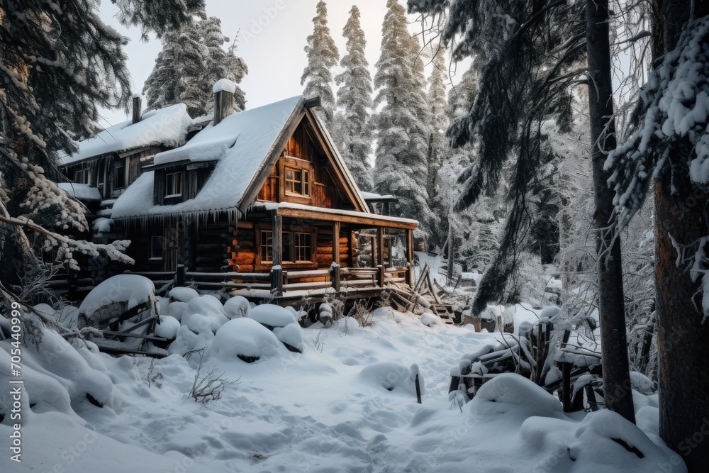 A cozy cabin stands in a winter wonderland, its surroundings blanketed in beautiful, untouched snow., A rustic wooden cabin tucked away in a snowy forest, AI Generated