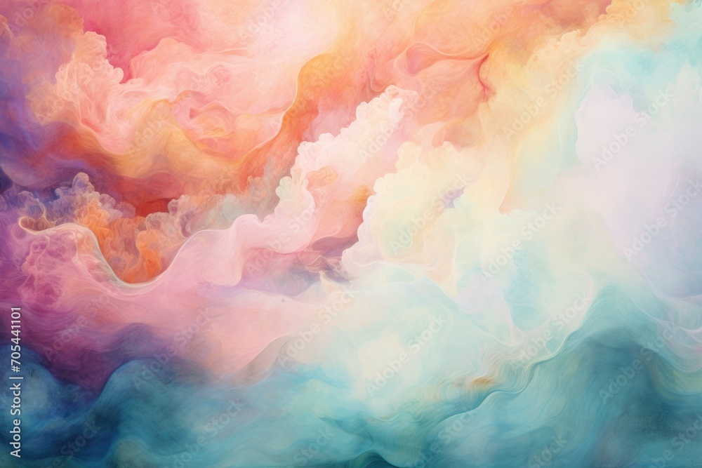 Fototapeta premium This painting depicts a lively sky filled with an explosion of colors and billowing clouds., A sea of swirling nebulas in pastel colors, AI Generated