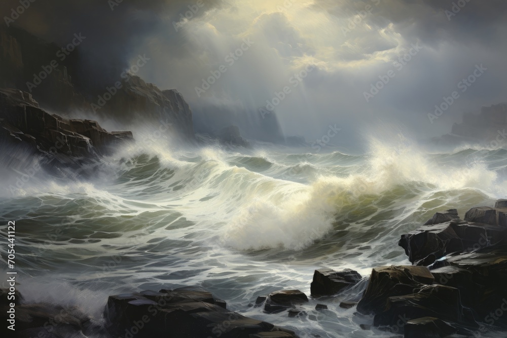 A vibrant painting capturing the raw power of ocean waves as they collide with rugged rocks., A seascape on a cloudy day with crashing waves against a coastline, AI Generated