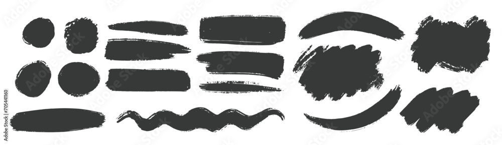 Decorative brush shapes set. Brush lines set. Vector black paint brush spots, highlighter lines or felt-tip pen marker. Ink smudge abstract shape stains and smear set with texture - Vector - obrazy, fototapety, plakaty 