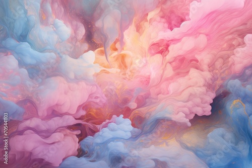 A vibrant abstract painting featuring pink  blue  and yellow clouds against a backdrop of a contemporary art style.  A sea of swirling nebulas in pastel colors  AI Generated