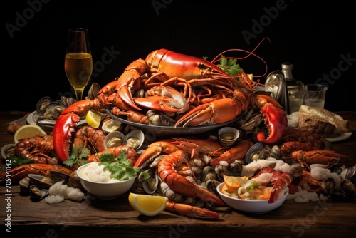 A table is adorned with a plate filled with delectable lobsters and clams, creating a mouthwatering seafood feast., A seafood feast featuring lobster, clams, and shrimp, AI Generated
