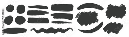 Decorative brush shapes set. Brush lines set. Vector black paint brush spots, highlighter lines or felt-tip pen marker. Ink smudge abstract shape stains and smear set with texture - Vector photo