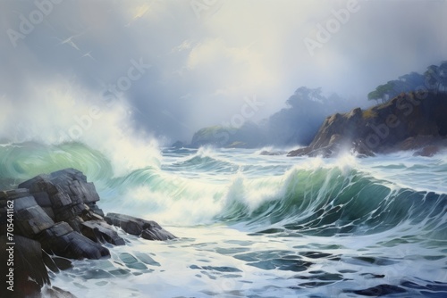 A vibrant painting capturing the powerful force of waves as they collide with rugged ocean rocks., A seascape on a cloudy day with crashing waves against a coastline, AI Generated