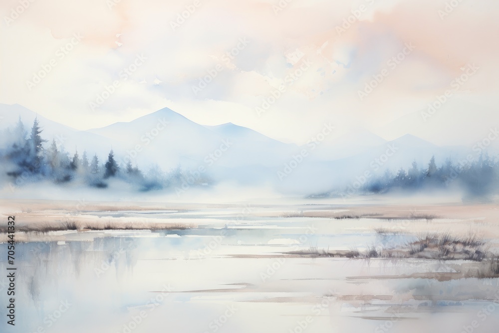 A serene painting depicting a tranquil lake with majestic mountains in the distance., A serene landscape of soft, calming, abstract watercolor strokes, AI Generated