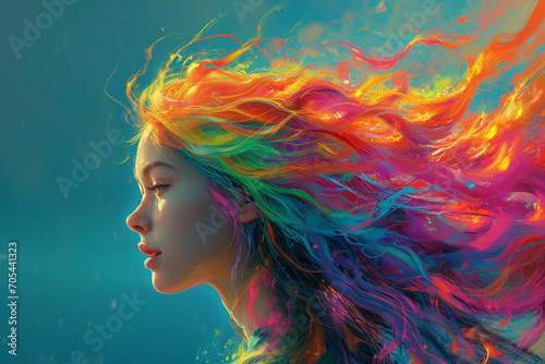 An imaginative portrayal of a girl with vibrant rainbow-colored hair, radiating positivity and creativity in a lively 2D composition filled with dynamic energy.