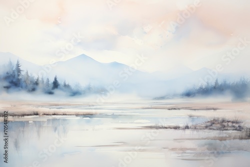 A serene painting depicting a tranquil lake with majestic mountains in the distance.  A serene landscape of soft  calming  abstract watercolor strokes  AI Generated