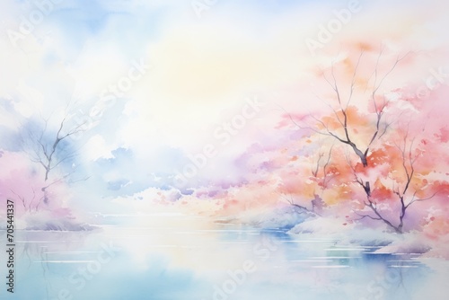 A serene painting depicting a river surrounded by lush trees in the background., A serene landscape of soft, calming, abstract watercolor strokes, AI Generated