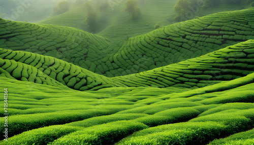  Green tea leaves in a tea plantation in the foggy morning