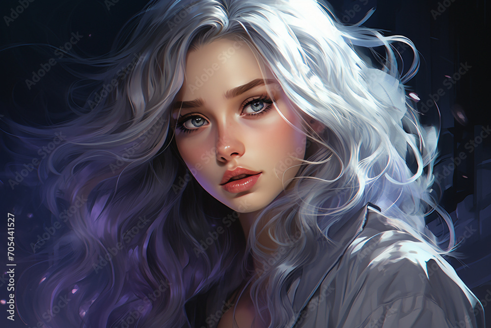 A finely crafted illustration of a girl with mesmerizing violet eyes and silver-toned hair, the realistic rendering conveying a sense of depth and personality in this captivating 2 A finely crafted illustration of a girl with mesmerizing violet eyes and silver-toned hair, the realistic rendering conveying a sense of depth and personality in this captivating 2