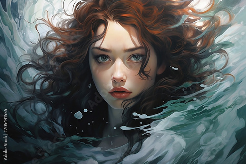 An emotionally resonant 2D portrait of a girl with mesmerizing sea-green eyes and dark, elegant waves, the artist skillfully conveying the realistic beauty and emotions in this det photo