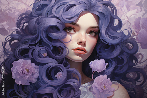 A meticulously detailed illustration presenting a girl with captivating amethyst eyes and wavy lavender-hued hair, emphasizing the realism and individuality of her features in this