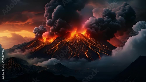 As the ground trembled and the skies darkened, a volcano erupted with a powerful force, unleashing a torrent of lava and ash upon its surroundings. photo