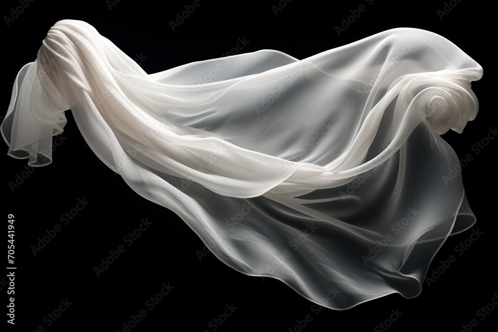 Fototapeta premium Graphic resources. Beautiful flying or levitating in air white fabric on black background with copy space