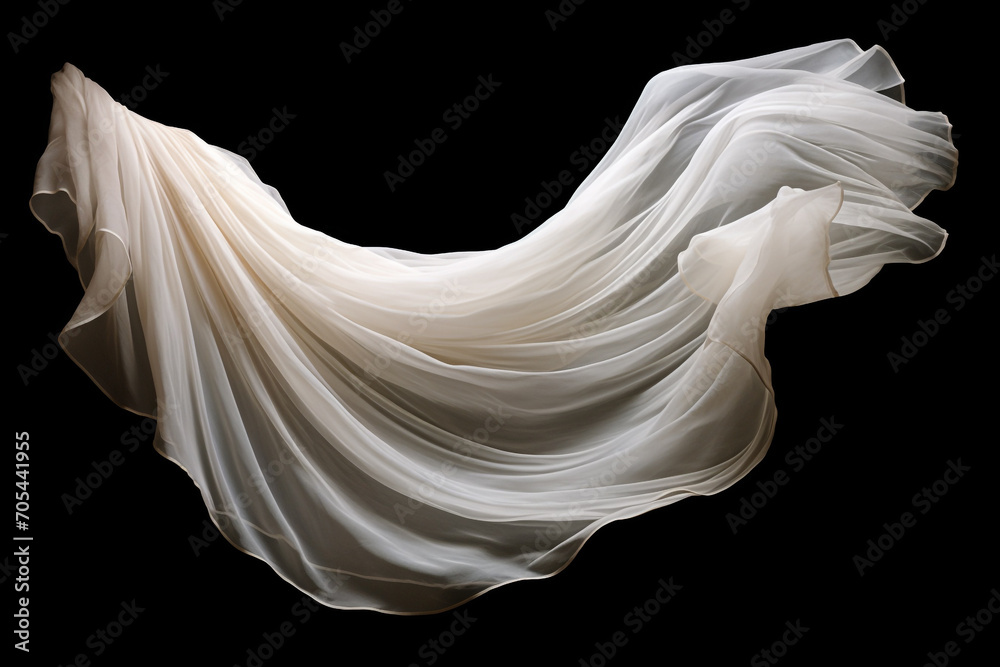 Graphic resources. Beautiful flying or levitating in air white fabric on black background with copy space Graphic resources. Beautiful flying or levitating in air white fabric on black background with copy space
