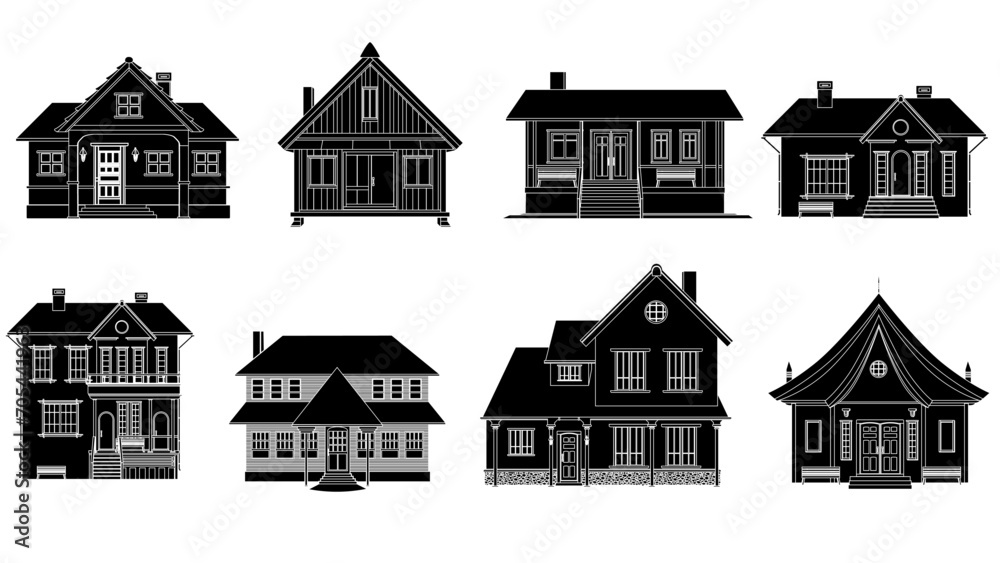 Set of black silhouettes of mansion and private houses isolated on white background. One-story houses and with several floors. Clipart.