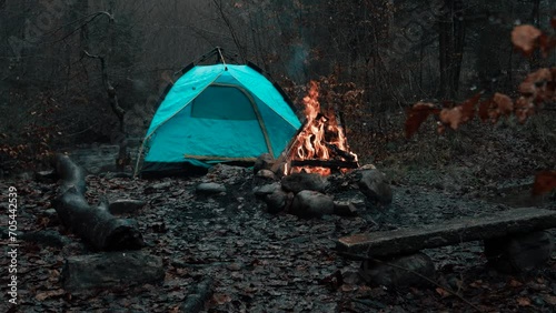 Secluded Autumn Campsite with Glowing Tent and Crackling Fire photo