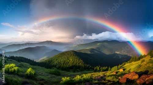 A bright rainbow against the backdrop of majestic mountains and green hills after the rain, ideal for articles about natural phenomena and inspiring landscapes.