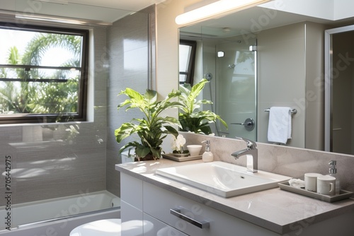 Bathroom interior with plants and a large mirror