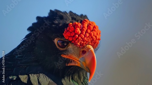 A bird, its head red and adorned with a crown of bright feathers, stands out with its colorful plumage. photo