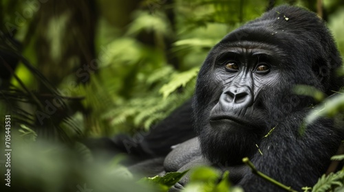 A gorilla, its features distinct and expression grumpy, roams in the jungle, a sight of awe-inspiring beauty. © Duka Mer
