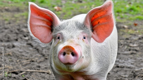 A pig, its snout truncated and visor-like, stands in the dirt, evoking images of a robotic pig.