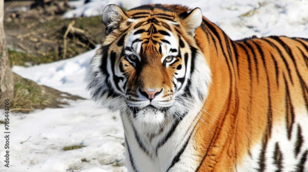 Obraz premium A tiger, its stripes distinct and eyes amber, prowls in the snow, its preservation a priority.