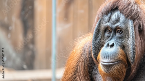 An orangutan, its smile warm and eyes focused, looks at the camera, its portrait featured prominently. photo