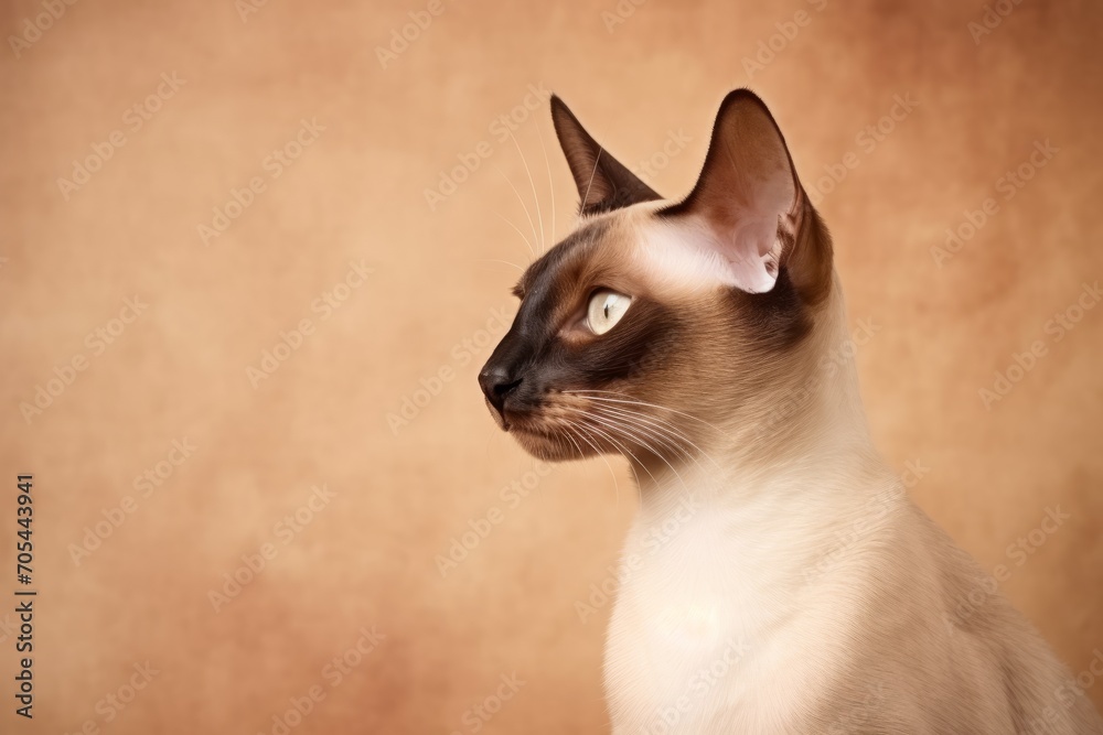 A Siamese cat, its fur light brown and posture elegant, sits in front of a brown wall. A Siamese cat, its fur light brown and posture elegant, sits in front of a brown wall.