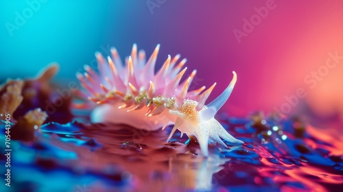 A flower, possibly a nudibranch, its tentacles vivid and draped with water and spines, rests on a table. photo