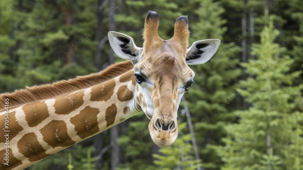 A giraffe, its neck long and straight, stands with trees in the background, its portrait captured in a zoo. A giraffe, its neck long and straight, stands with trees in the background, its portrait captured in a zoo.