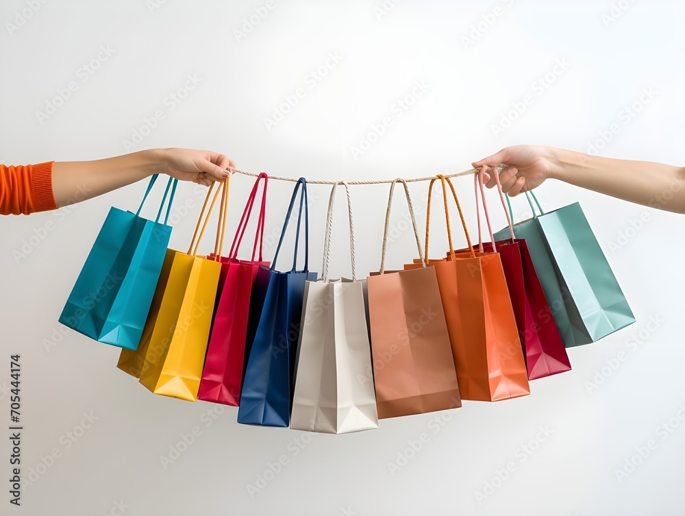 Colorful shopping paper bags on rope in hand isolated on white background
