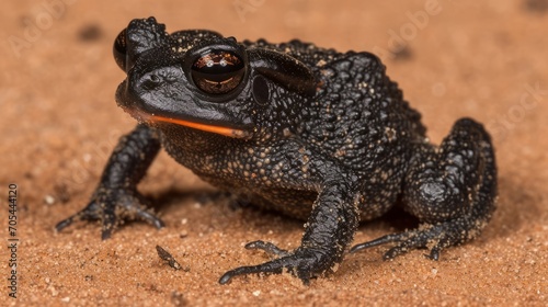 A frog, its eyes entirely black and glow dark red, sits on a dirt ground, its view lateral. photo