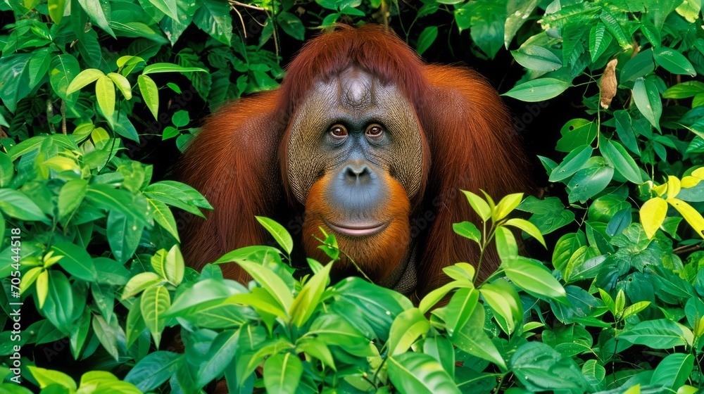 Obraz premium An orangutan, its smile warm and gaze focused, looks at the camera, surrounded by the lush jungle.