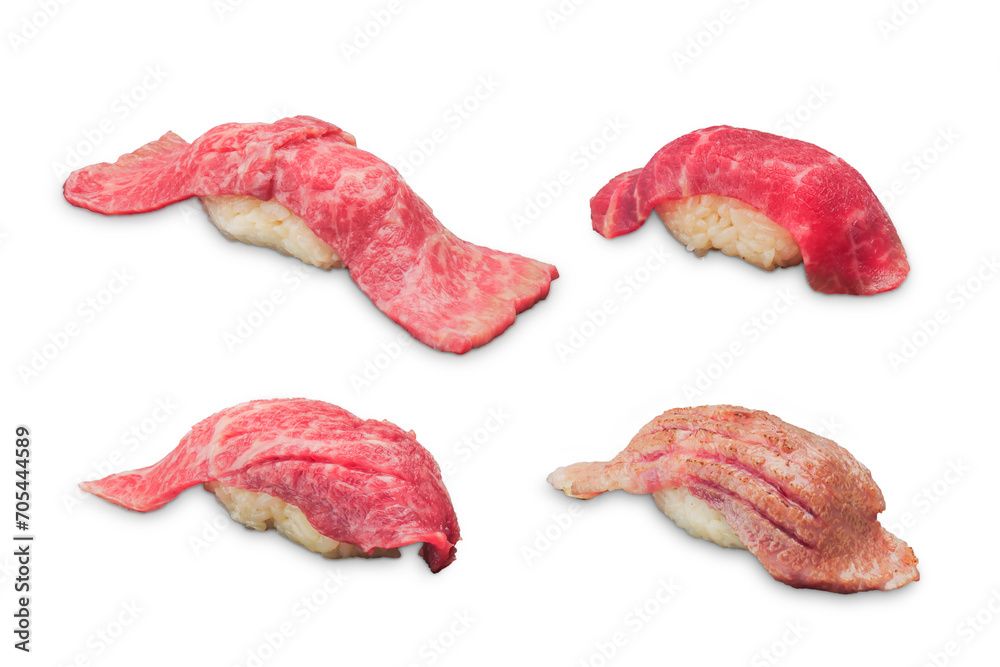 Various kinds of Nigiri Sushi on a white background Various kinds of Nigiri Sushi on a white background
