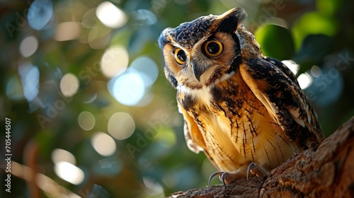 An owl, its glow radiant and white, perches on a tree branch, its detail superb and wisdom evident. photo