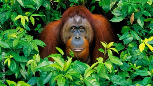 An orangutan  its smile warm and gaze focused  looks at the camera  surrounded by the lush jungle.