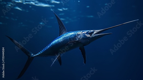 A blue marlin, the undisputed ruler of the ocean, swims freely in the deep sea.