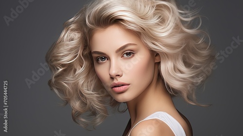 Beautiful blonde haired with stylish hairstyle. Woman with a curly hair. Closeup portrait of an attractive girl with a brown makeup. Generative AI