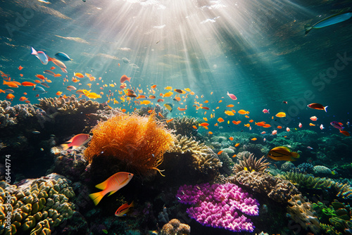 Sunlight Bathing Colorful Tropical Fish and Coral Reef