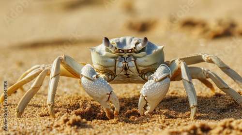 A crab, its claws sharp and detailed, rests on a sandy beach.
