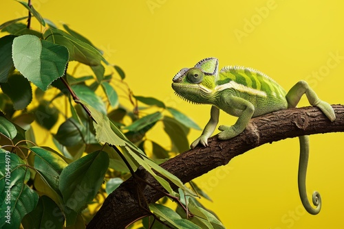 A chameleon, its green and yellow scales blending with the tree branch it perches on. photo