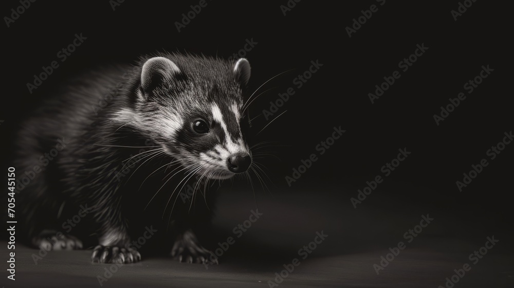 A raccoon, its fur detailed, stands out in a black and white photo. A raccoon, its fur detailed, stands out in a black and white photo.
