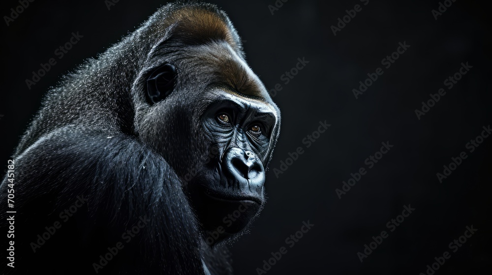 A gorilla, its face intense and proud, stands out against a black background. A gorilla, its face intense and proud, stands out against a black background.