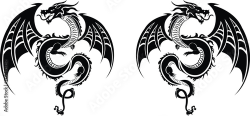 Black Tribal Flying Dragon Tattoo Vector Silhouette Cricut illustration