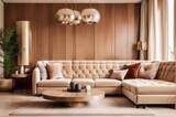 Interior home design of modern living room with beige sofa in a room with beige wooden wall